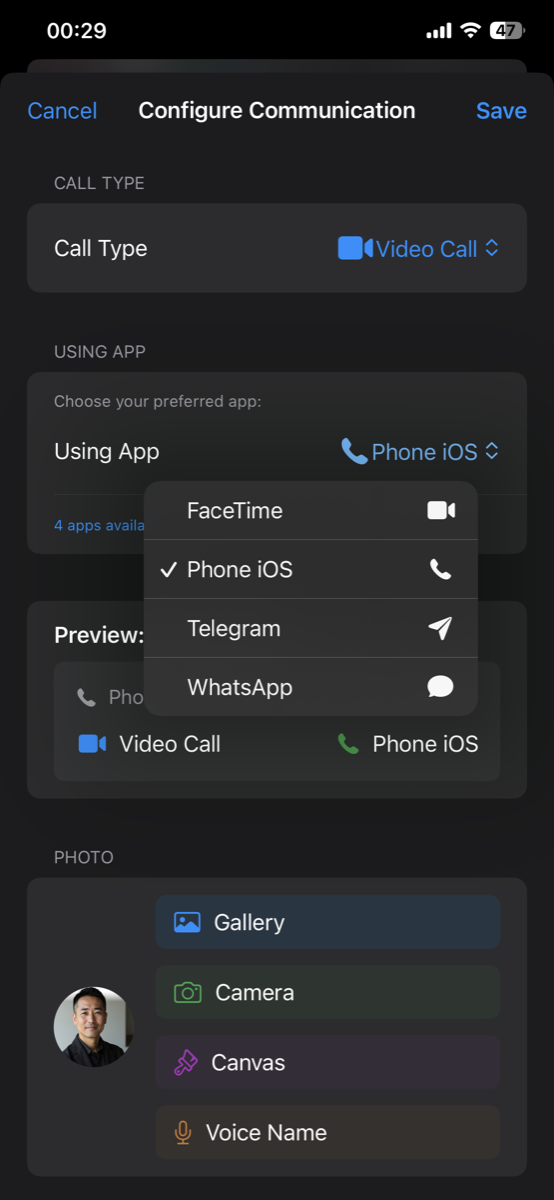 Contact configuration screen