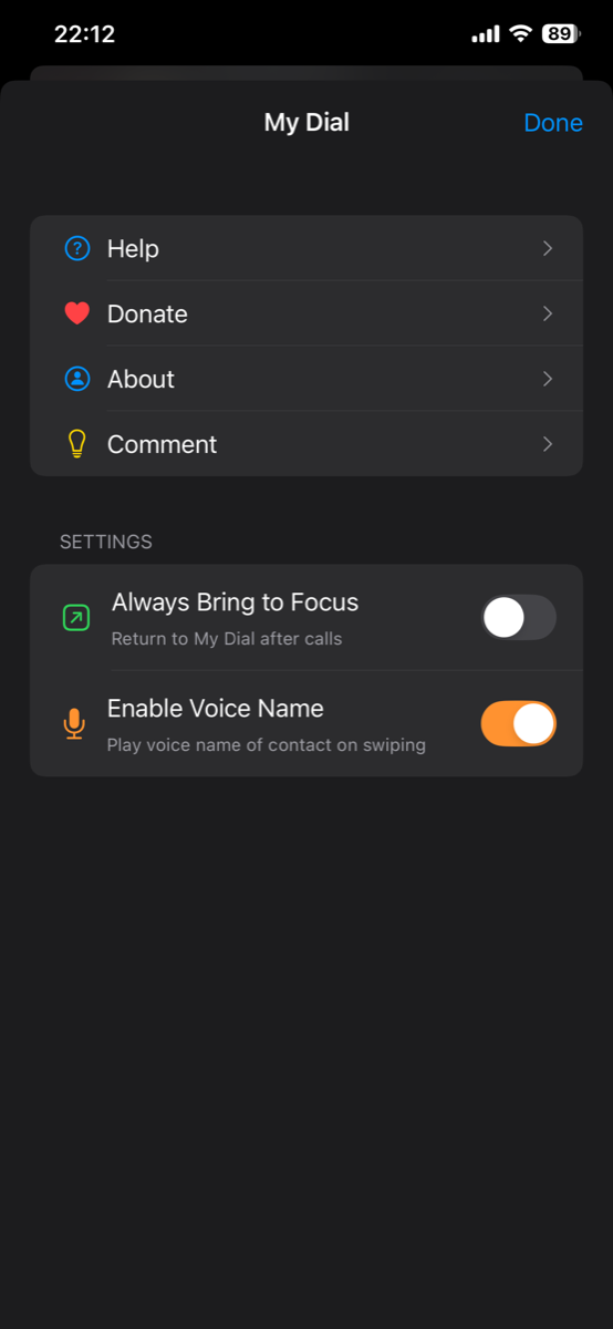 Info menu showing Enable Voice Name setting